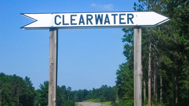 Clearwater arrow sign pointing from highway