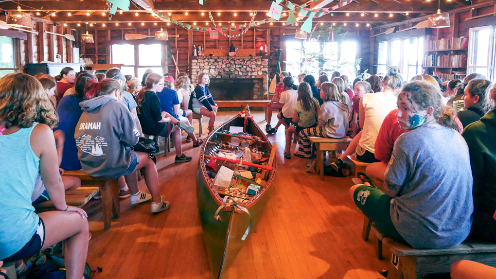 Clearwater camp dining hall decorated for Christmas in July