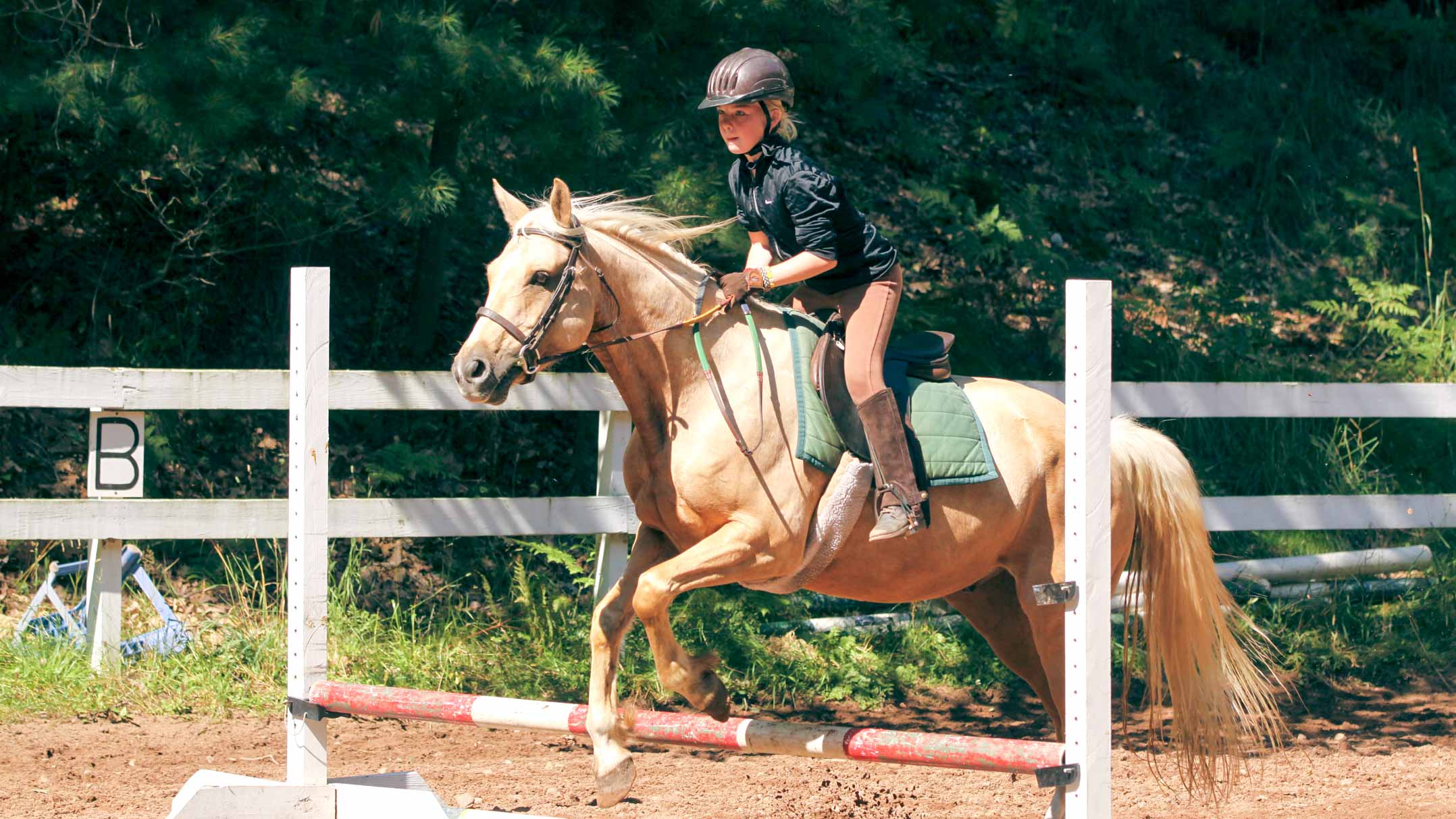 Horseback riding camper jumps horse over obstacle